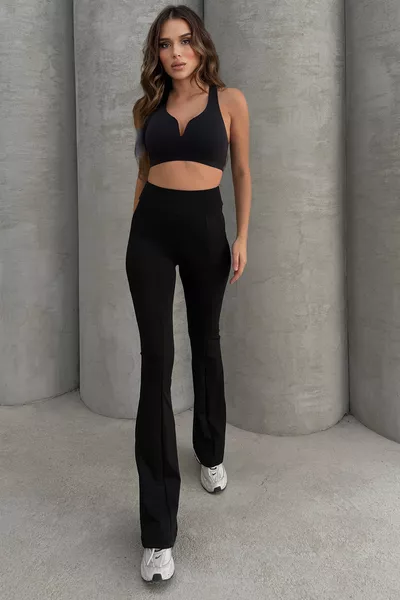 Kadın Siyah Yüksek Bel Toparlayıcı Çift Cepli İspanyol Paça Tayt Bootcut