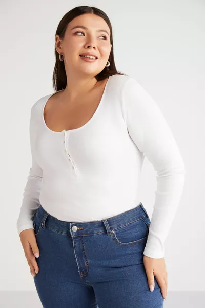 Zazanabb Women's Ribbed Look Body-Hugging Deep Round Neck Buttoned White Plus Size Blouse