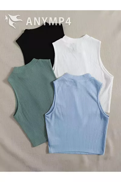 Damen 4er Pack Rippstrick Crop-Top-Bluse aus % Baumwolle, ärmellos