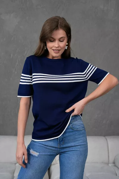 Maglia a righe da donna Laci-ecru con scollo rotondo e maniche corte 