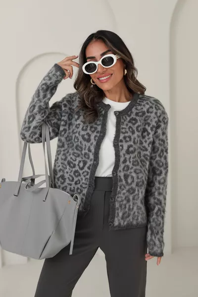 Cardigan pour femme à col bateau, gris anthracite, motif léopard en laine