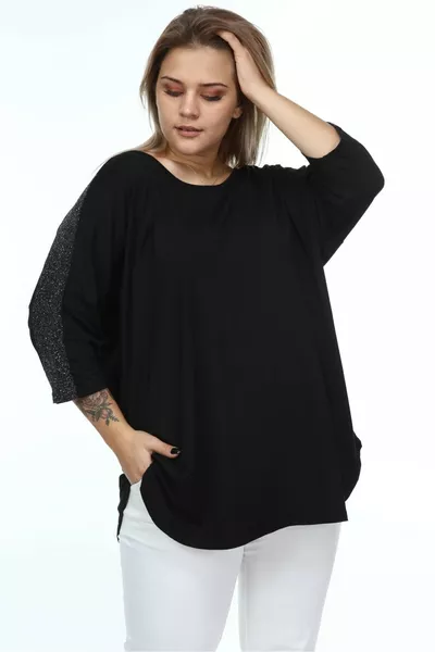 Women's Black Glittery Blouse with Three-Quarter Sleeves
