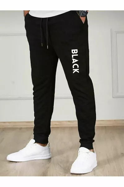 Men's Black Sports Jogger Sweatpants with Black Print - Slim Fit Sweatpants with Elastic Ankles and Pockets