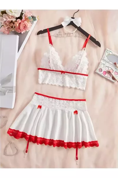 Women's Red and White Costume with Garter Detail Elegant Nightgown Set (Includes Thong and Stockings as a Gift)
