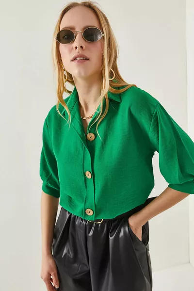 Dames Linnen Overhemd met Drukknopen en Driekwartmouwen in Grasgroen 
