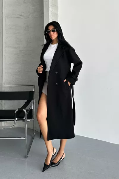 لورا معطف نسائي صوف مبطن بجودة ممتازة وقصة مريحة، بحزام أسود للموسم الجديد