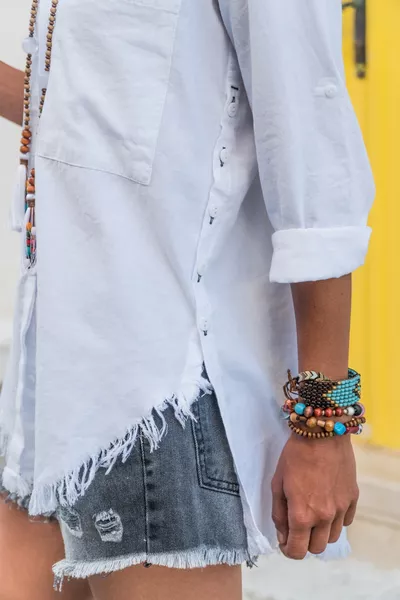 White Side-Button Shirt with Fringed Skirt   