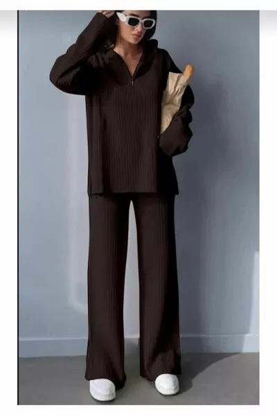 COPY - Women's Ribbed Collar Zip-Up Knit Set with Slit Hem and Zippered Sides