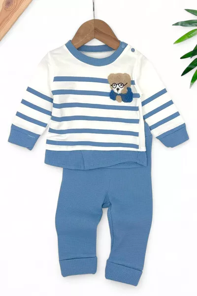 Ensemble pour bébé garçon de saison avec broderie d'ours, manches longues, col rond, motif rayé avec faux chemisier