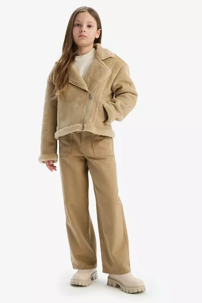 Girls' Jacket Collar Plush Lined Coat AU