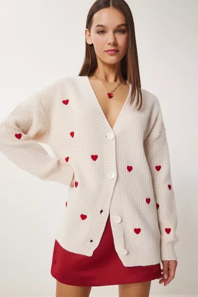 Women's Cream Heart Textured Long Knit Cardigan 