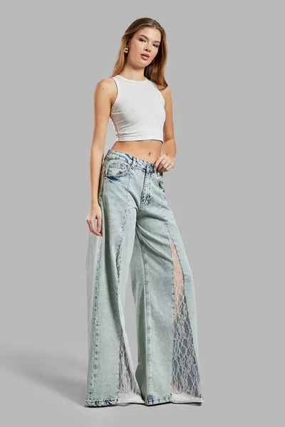 Damen T.Kot Farbe  Palazzo Fit Design Denim mit Spitzen-Details