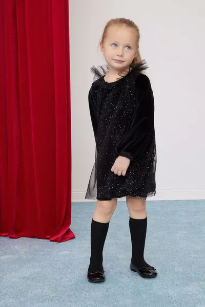 Kız Bebek Puantiye Uzun Kollu Kadife Elbise WN