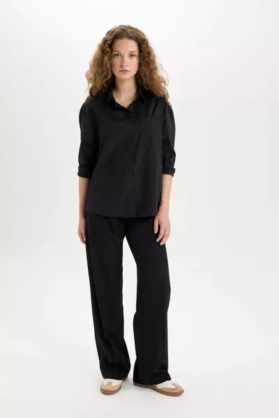 Рубашка Оверсайз Свободного Кроя из Поплина с Длинным Рукавом AXNS