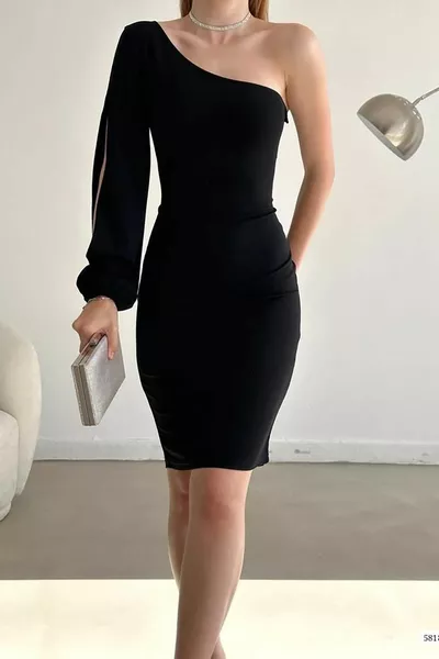 أسود المستوردة كريب النسيج واحد الكتف الأكمام التفاصيل اللباس