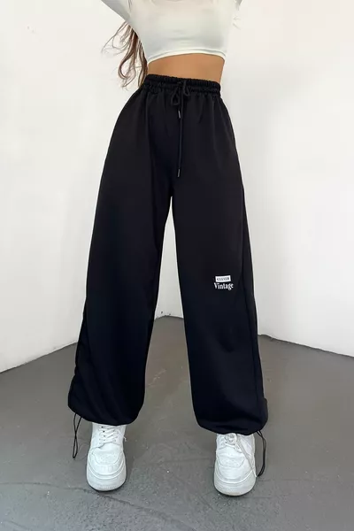 Damen Kompac Jersey Schwarz Zwei-Faden Hoher Bund Locker Weite Hosenbeine Jogginghose