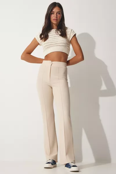 بنطال نسائي مريح منسوج عالي الخصر بلكرا كريمي 