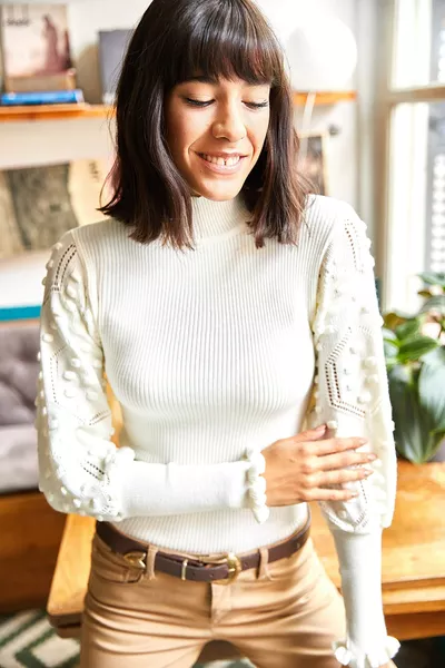 Women's Ecru Ribbed High Neck Knit Sweater with Sleeve Detail 