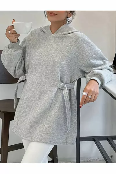 سويت شيرت رمادي بقبعة وتصميم خاص للنساء مع حزام