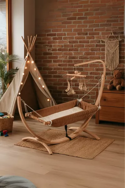 Holzpuppen-Hängematte mit Kissen, Hängemattenbett, Spielzeug, Braun