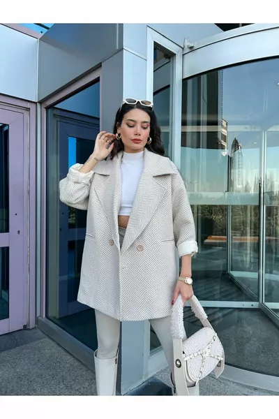 Women's Stone Fishbone Pattern Premium Quality Wool Coat LQ