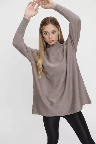 المرأة المنك نصف الياقة المدورة رث طويل متماسكة المعطف 