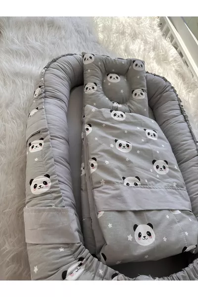 سرير رضّع رمادي بشكل باندا ووسادة وبطانية، طقم 3 قطع، تصميم فاخر، سرير بجانب الأم