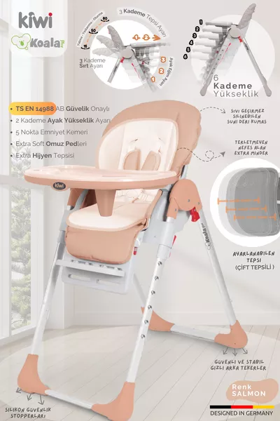 كرسي ماما كوالا قابل للطوي ومحمول، قابل لتعديل الارتفاع، بعجلات ومبطّن من الداخل - بلون السلمون