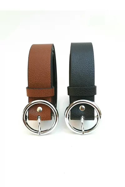 Cintura da donna nera-marrone con fibbia a cerchio, confezione da 2