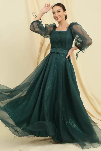 Ballonärmel Taillengürtel Gefüttert Glitzer Dahlia Stoff Langes Kleid