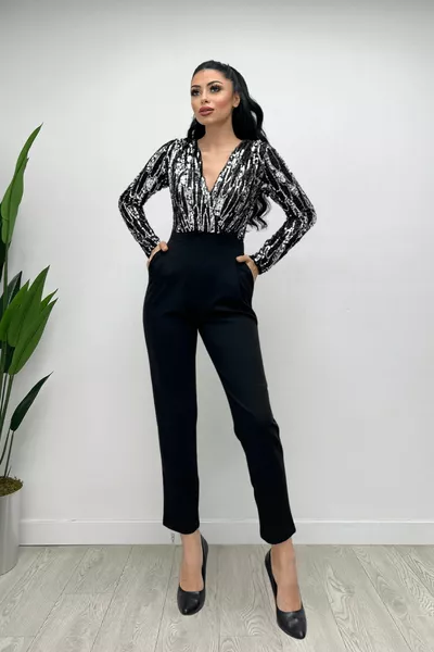 Top Pailletten Unterer Kreppstoff Jumpsuit - SILBER