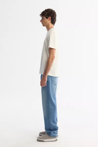 Herren Ecru Rundhals Bedrucktes Elastan Regular Fit T-Shirt 