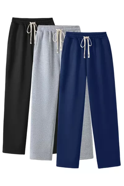 Pantaloni della tuta comodi a gamba dritta, modello baggy, set da 3 pezzi in nero, grigio e blu scuro