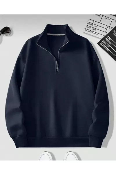Black and Navy Blue Stand Collar Plain Knit Sweatshirt