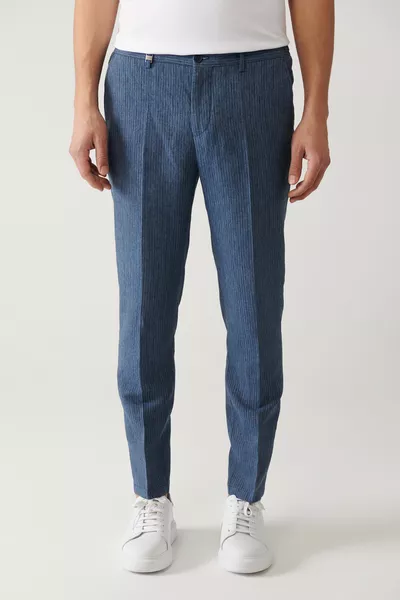 Erkek Mavi Relaxed Fit Beli Lastikli Keten Karışımlı Linen Touch Takım Elbise Pantolonu 