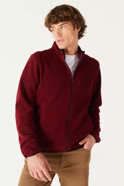 Regular Fit Normal Cut Herren Burgunderfarbene Fleece-Sweatshirt-Jacke mit Reißverschluss