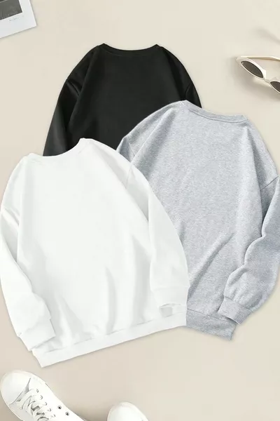 Unisex 3-Pack Black White Gray Crew Neck Oversized Sweatshirt