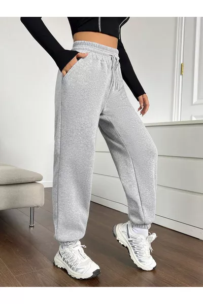 Pantalon de survêtement femme en coton épais (3 fils) à taille haute et bas élastique
