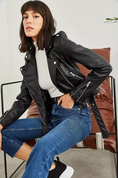 Women's Black Leather Jacket with Zipped Sleeves