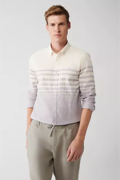 Erkek Açık Mor Pamuk Keten Karışımlı Çizgili Gömlek 