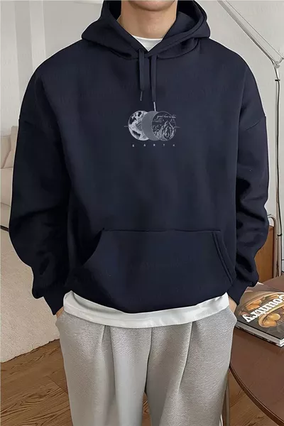 Men's Navy Earth 3-Ply Brushed Hoodie with Kangaroo Pocket Oversized Loose Sweatshirt