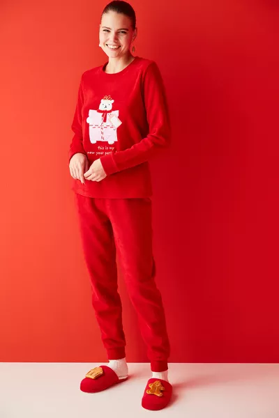 Rode Feestjurk Fleece Thermische Pyjama Set