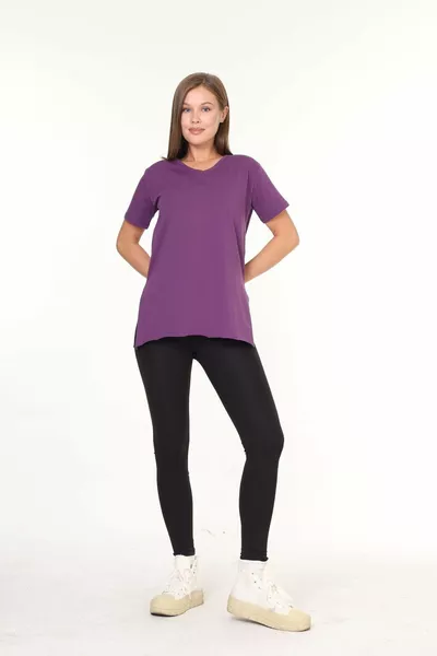 % Katoen Dames Paarse V-hals Asymmetrische Jersey Top met Zijsplit