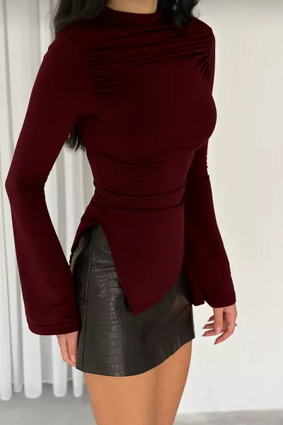 Asymmetric Hem Shirred Spanish Sleeve Stretch Fabric Blouse