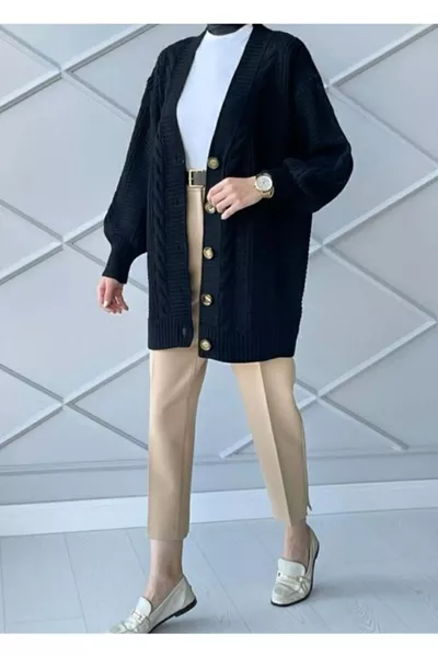 Black Knit Cardigan with Braid Pattern