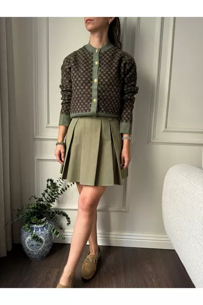 Cardigan en tricot à motif pour femme, couleur kaki marron, col rond en vélo, avec boutons dorés