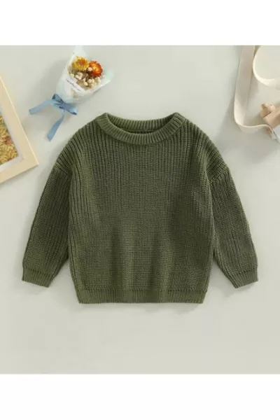 كنزة تريكو بقبعة دائرية مرنة للغاية للأطفال والرضع للجنسين باللون الأخضر الزيتوني