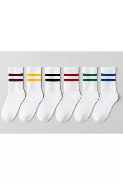 جوارب تنس كولجية قابلة للغسل بخطوط ملونة مختلفة على الأبيض، مجموعة من 6 قطع للجنسين