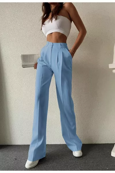 Women's Blue Pleated Fabric High-Waist Palazzo Pants