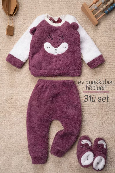 طقم أطفال بناتي مع حذاء منزلي بنقشة الغزال من ويلسوفت، 3 قطع مع هدية